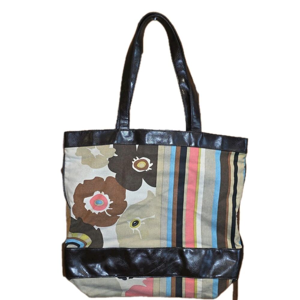Vintage Flower And Stripes Medium Sized Canvas And Leather‎ Tote...